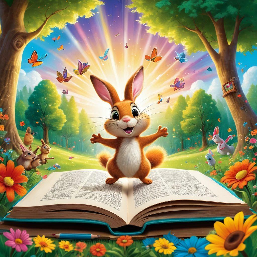 A bright and colorful open book radiating light, surrounded by playful cartoonish characters representing joyful learning, like a smiling sun, dancing books, and cheerful animals. In the background, a lush landscape with trees and flowers symbolizing growth, along with tools like pencils and paintbrushes. Emphasize a sense of enthusiasm and positivity. vibrant colors. cartoon style. cheerful atmosphere.