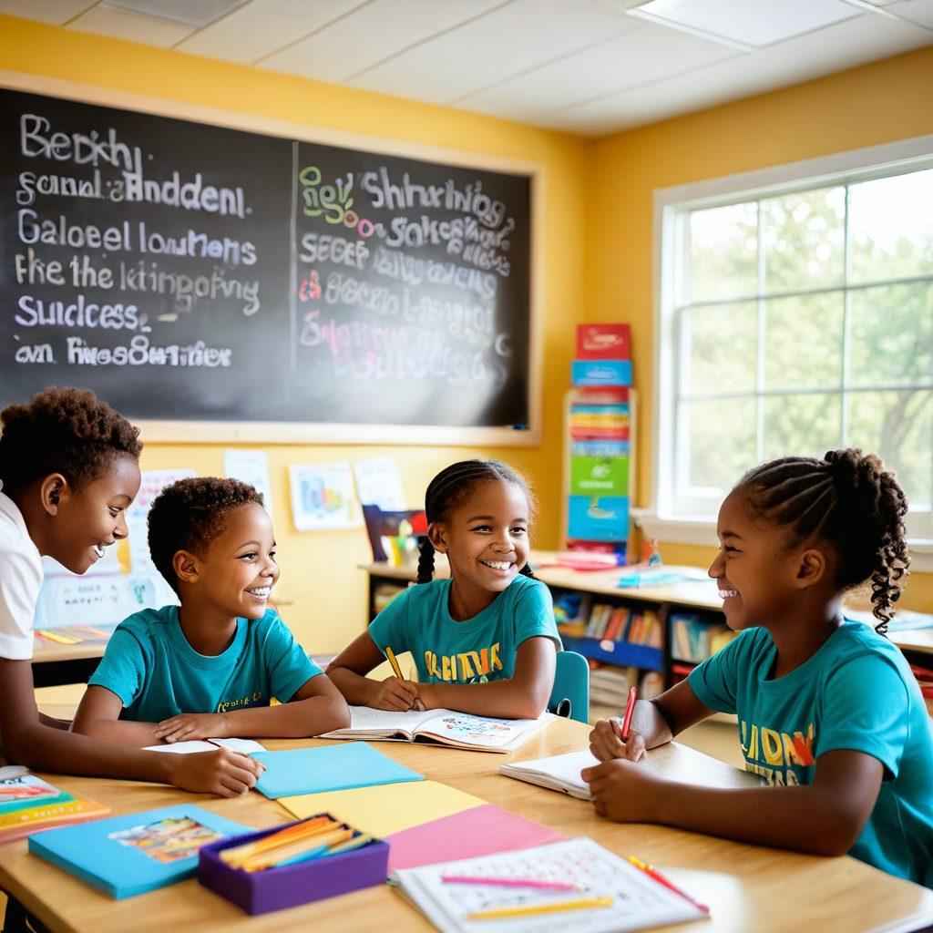 A bright and inviting classroom scene filled with diverse children engaged in joyful learning activities, surrounded by colorful books and educational tools. In the background, a large chalkboard displays inspirational quotes about success. Sunlight streams through the windows, highlighting the children's smiles and the warmth of collaboration. The atmosphere is vibrant and encouraging, symbolizing the journey from cheerful learning to lasting success. super-realistic. vibrant colors. soft focus.