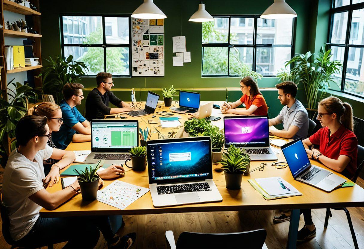 A vibrant workspace filled with diverse developers collaborating enthusiastically around a large table, showcasing a variety of tools like laptops, sticky notes, and digital tablets. Include bright colors to signify energy and creativity, with symbols of growth such as plants and upward arrows subtly incorporated in the background. Super-realistic. Colorful. Dynamic.